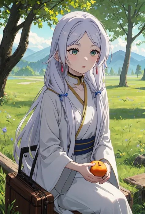 Highest quality, masterpiece, High resolution, alone, (Freezing_sousounoFreezing:1.10), One girl, Fairy, jewelry, Upper Body,  , anime_style, 24 、Scene Settings: Frielen enjoying fruit under a tree in the grassland Frielen is in the middle of a vast grassl...