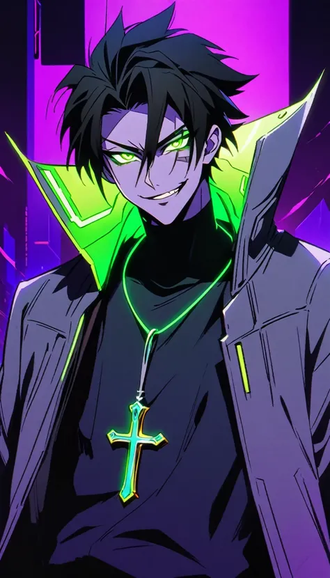 A guy with black hair and glowing green eyes wearing an evil smile, he is smiling like the devil while holding his cross necklace in front of him against a purple background. The art is in an anime style with a cyberpunk and dark fantasy aesthetic.