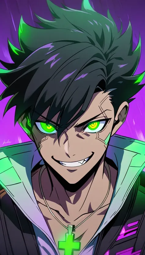 A guy with black hair and glowing green eyes wearing an evil smile, he is smiling like the devil while holding his cross necklace in front of him against a purple background. The art is in an anime style with a cyberpunk and dark fantasy aesthetic.