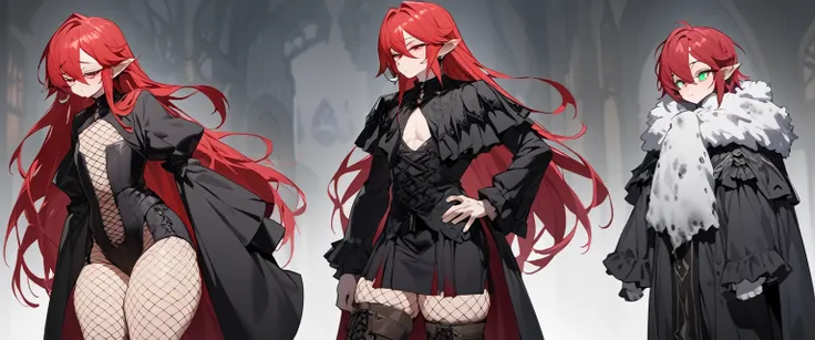 old, Has long red hair, a des oreilles de loup, a une queue de loup, a les yeux red, thigh high fishnets, black combat boots, porter une robe gothique, flat chest, seulement femboy, only one boy, Hanches larges, thick thighs, mold, is mold