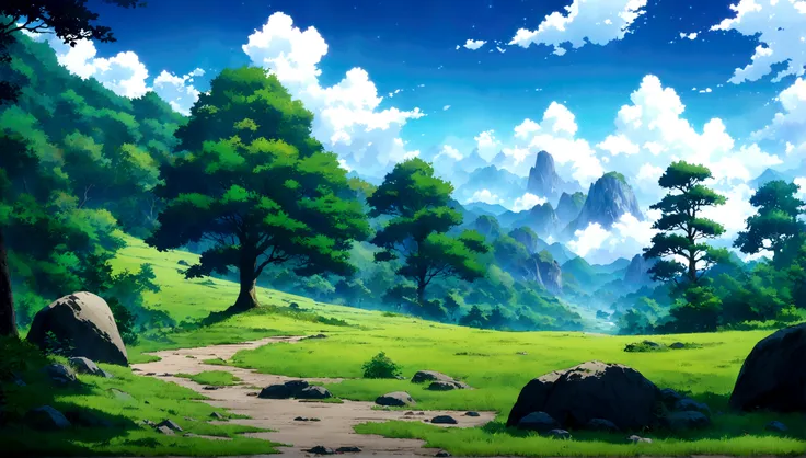 japanese anime - style painting of a tree in a grassy field with rocks, anime countryside landscape, anime landscape, anime land...