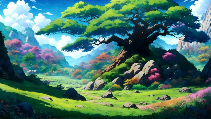 japanese anime - style painting of a tree in a grassy field with rocks, anime countryside landscape, anime landscape, anime land...