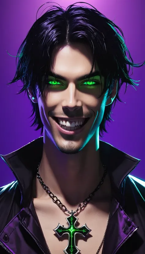 A guy with black hair and glowing green eyes wearing an evil smile, he is smiling like the devil while holding his cross necklace in front of him against a purple background. The art is in an anime style with a cyberpunk and dark fantasy aesthetic.