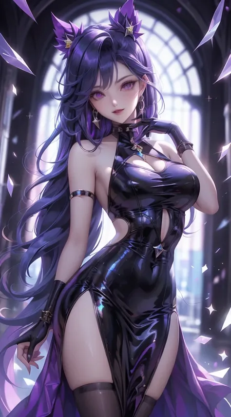 1girl, dress, long_hair, solo, high_heels, purple_hair, breasts, naked_boobes, purple_eyes, looking_at_viewer, raiden_shogun, black_dress, jewelry, holding, hair_ornament, earrings, black_footwear, sparkle, bangs, very_long_hair, smile, hand_on_own_face, g...