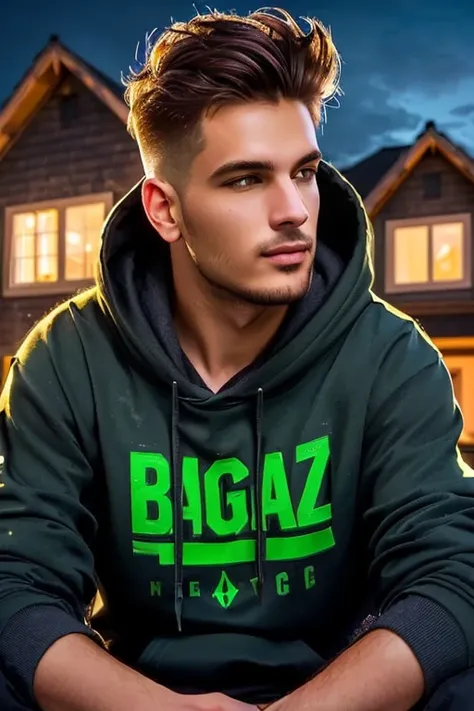 a man sitting in front of a house wearing a green hoodie, inspired by Volkan Baga, profile imageture 1024px, por Zahari Zograf, loose, inspired by Pál Balkay, inspired by Božidar Jakac, Vitaly Bugarov, profile image, background art, bogdan rezunenko