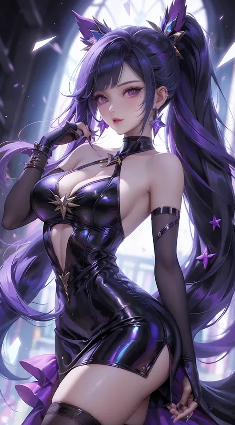 1girl, dress, long_hair, solo, high_heels, purple_hair, breasts, naked_boobes, purple_eyes, looking_at_viewer, raiden_shogun, black_dress, jewelry, holding, hair_ornament, earrings, black_footwear, sparkle, bangs, very_long_hair, smile, hand_on_own_face, g...