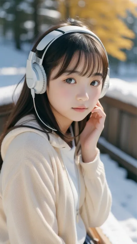 1 girl、Surrounded by in a study from the 1980s、A sad-looking 12-year-old girl listening to music from a cassette tape on a 1980 Sony Walkman、Composition、snow、Shallow depth of field、Direct Light、800mm lens、Highest quality