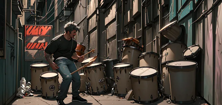 photorealistic, 1 man, drummer, trash collector, playing drums in alley, dirty alley, urban city, gritty, cinematic lighting, moody, dark tones, strong shadows, realistic textures, detailed facial features, intense expression, motion blur, dynamic pose, ac...