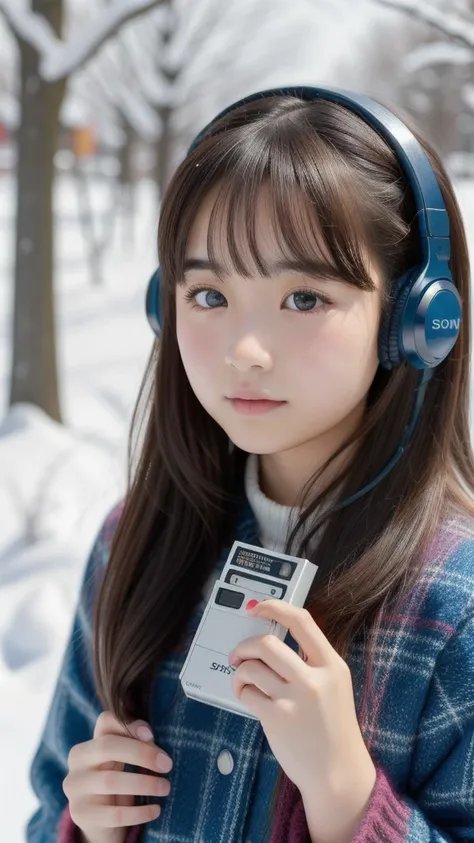 1 girl、Surrounded by in a study from the 1980s、A sad-looking 12-year-old girl listening to music from a cassette tape on a 1980 Sony Walkman、Composition、snow、Shallow depth of field、Direct Light、800mm lens、Highest quality