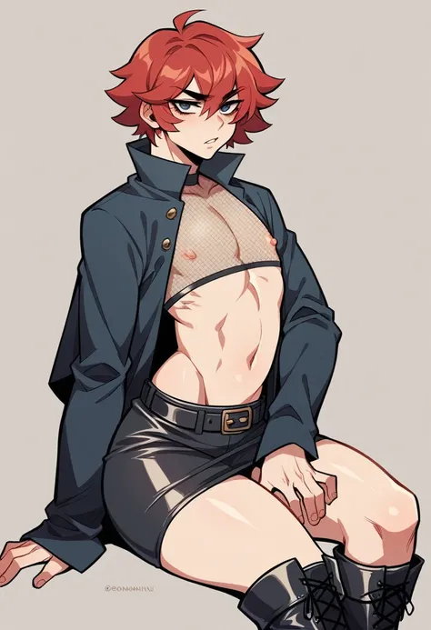 a handsome effeminate boy, 18 ans, Has long red hair, a des oreilles de loup, a une queue de loup, a les yeux red, thigh high fishnets, black combat boots, porter une robe gothique, flat chest, super flat chest, aloneement femboy, un alone garçon ((flat ch...