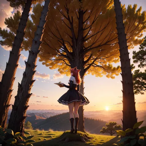 cheered up: a beautiful feline woman standing on top of a giant tree on top of a mountain surrounded by trees looking at the hor...