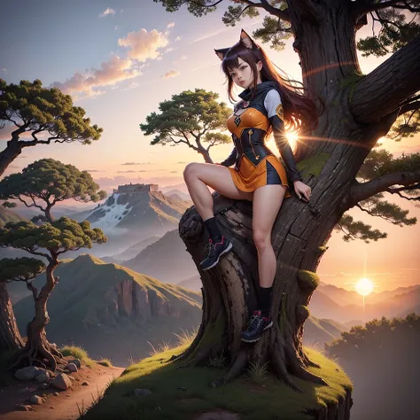 cheered up: a beautiful feline woman standing on top of a giant tree on top of a mountain surrounded by trees looking at the hor...