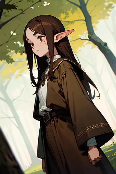 Elf, long brown hair, Brown eyes, subtle freckles, brown clothes, In the woods