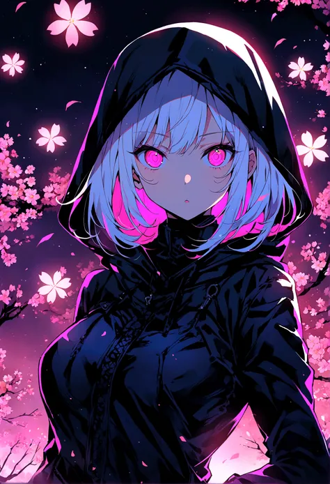 Neon, girl wearing a dark black ninja suit with hood, leather suit, suit that emanates bright pink light, bright pink eyes, very detailed eyes, white hair, perfect anatomy, Japanese cherry trees in the background, the Trees have luminous leaves and fall in...