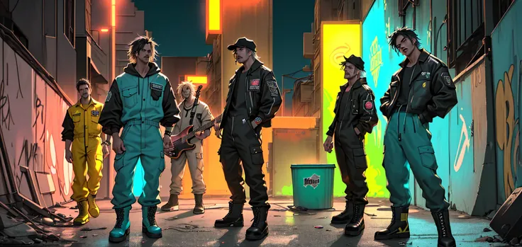 A group of garbage collectors posing as a rock band in an urban alley, a garbage truck with yellow lights reflecting on the graffiti-covered walls in the background, the band members wearing fluorescent jumpsuits and sturdy boots but holding rock instrumen...