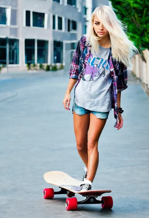 girl, skateboard, white blonde hair  