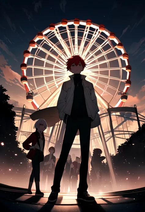 An anime boy with half red hair and the other half white standing in front of a Ferris wheel