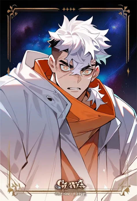 1man, black under cut hair, white and orange top hair, scars, galaxy eyes, small ponytail, loose suit, mafia vibe, galaxy in eyes, official artwork