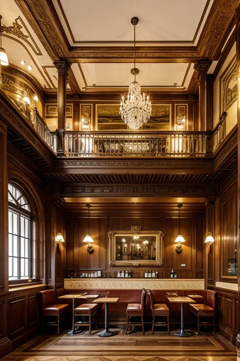 Image of a cafe with classic decoration and wooden tables