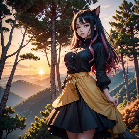 cheered up: A beautiful feline woman standing on top of a giant tree on top of a mountain surrounded by trees looking at the horizon. Wear a black outfit, Short skirt. Long black pink hair,curvy body. sunset, orange sun, vivid colors, red horizon,sunset. a...