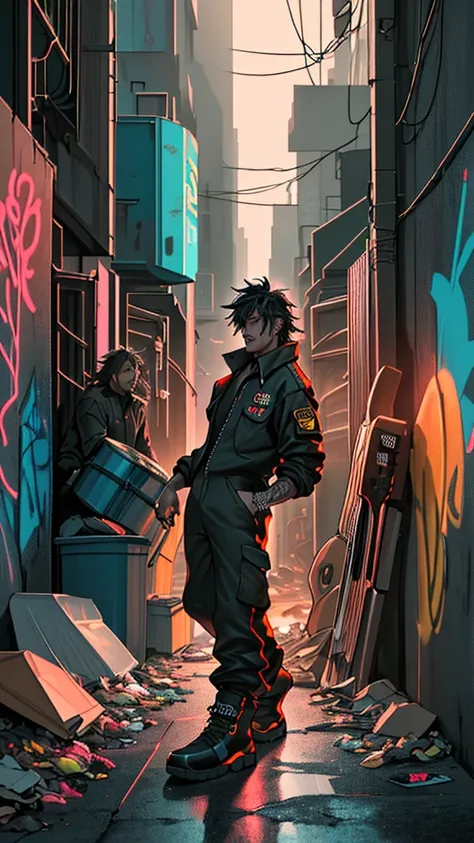 A group of garbage collectors posing as a rock band in an urban alley, a garbage truck with yellow lights reflecting on the graffiti-covered walls in the background, the band members wearing fluorescent jumpsuits and sturdy boots but holding rock instrumen...