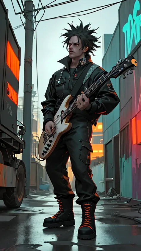 A group of garbage collectors posing as a rock band in an urban alley, a garbage truck with yellow lights reflecting on the graffiti-covered walls in the background, the band members wearing fluorescent jumpsuits and sturdy boots but holding rock instrumen...