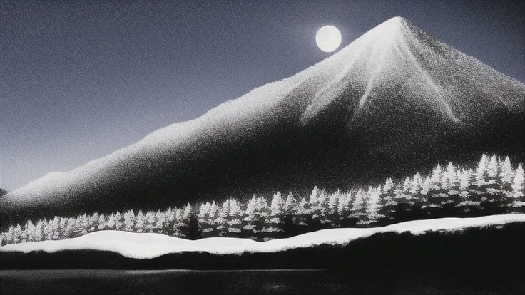 Teruakakuta, monochrome, No_Human, mountain, sNow, night, moon, star