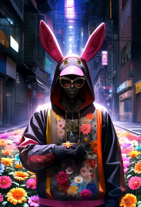 Magic flower, evil rabbit costume, dizfraz color nogro, colorful flower, flower designed by Fendi, flower designed by Prada, urban style, SWAG. 