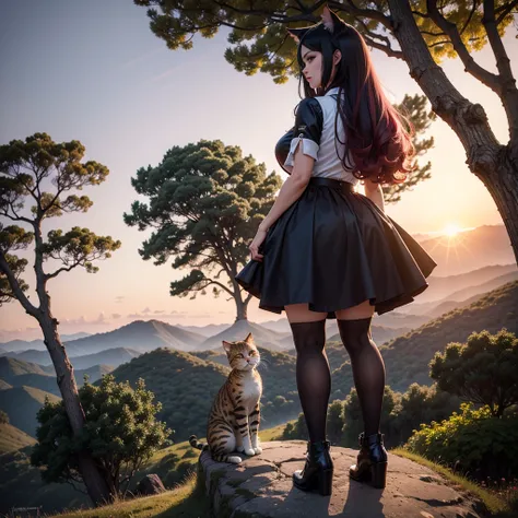 cheered up: A beautiful feline woman standing on top of a giant tree on top of a mountain surrounded by trees looking at the horizon. Wear a black outfit, Short skirt. Long black pink hair,curvy body. sunset, orange sun, vivid colors, red horizon,sunset. a...