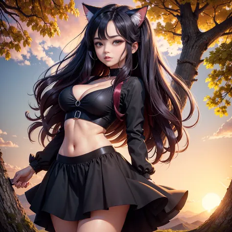 cheered up: A beautiful feline woman standing on top of a giant tree on top of a mountain surrounded by trees looking at the horizon. Wear a black outfit, Short skirt. Long black pink hair,curvy body. sunset, orange sun, vivid colors, red horizon,sunset. a...