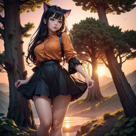 cheered up: A beautiful feline woman standing on top of a giant tree on top of a mountain surrounded by trees looking at the horizon. Wear a black outfit, Short skirt. Long black pink hair,curvy body. sunset, orange sun, vivid colors, red horizon,sunset. a...