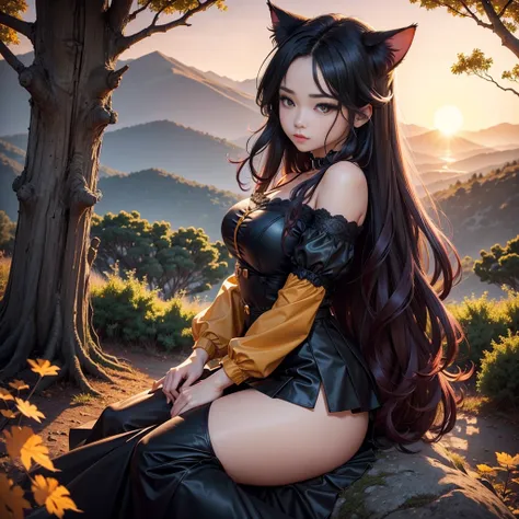 cheered up: A beautiful feline woman standing on top of a giant tree on top of a mountain surrounded by trees looking at the horizon. Wear a black outfit, Short skirt. Long black pink hair,curvy body. sunset, orange sun, vivid colors, red horizon,sunset. a...