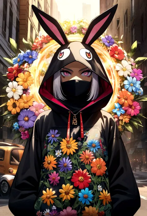 Magic flower, evil rabbit costume, dizfraz color nogro, colorful flower, flower designed by Fendi, flower designed by Prada, urban style, SWAG. 