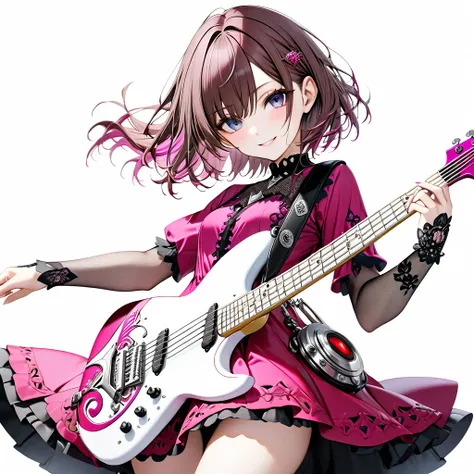 (((White background:1.5)))、(wide shot)、(masterpiece、Ultra HD、Highest quality、Masterpiece、４K:1.2)、slender、Playing a white electric guitar,Scandinavian Metal Girl, Intense gaze into the camera, Intricate details, Highly detailed eyes, Highly detailed fingers...