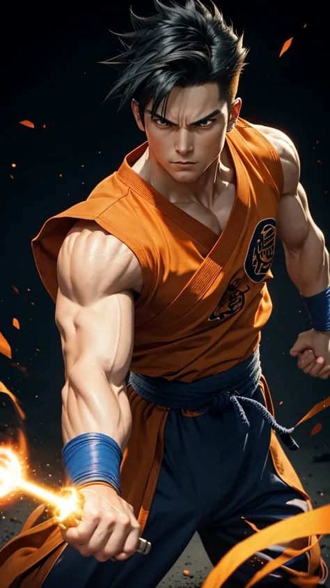 
* Detailed face with serious and determined expression.
* Black spiky hair with light reflections.
* Orange and blue traditional martial arts clothing.
* muscular and defined body.
* Dynamic and powerful fighting pose.
* Combat scene with energy explosion...