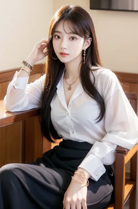 (((actual photography))),, portrait, korean，(stunning face:1.3),, 1 girl，beautiful girl, arrogant,sit in a large class chair , (...