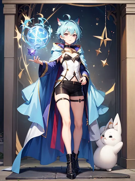 Femboy, wizard coat, short pants, wizard, full body, concept art 