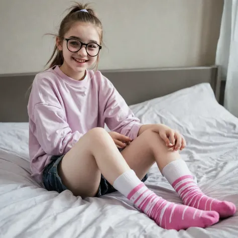 Pale skin ponytail hair Kurdish glasses teen sitting on bed tin body smiling small legs  showing her pink socks 