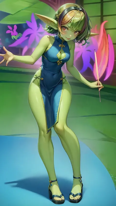 1 girl, short hair, green goblin girl, green skin, small pointy ears, rainbow hair, purple cheongsam, cutout, smiling, sandals, full body, walking in tokyo, dynamic pose