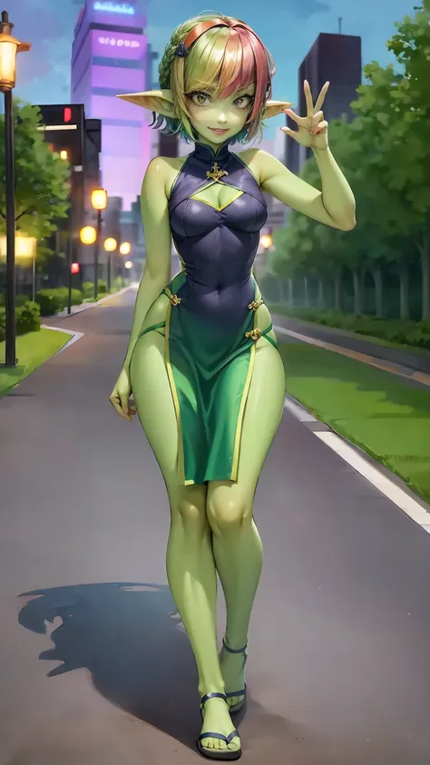 1 girl, short hair, green goblin girl, green skin, small pointy ears, rainbow hair, purple cheongsam, cutout, smiling, sandals, full body, walking in tokyo, dynamic pose, outdoors, in toyko, city, dusk, dynamic lighting