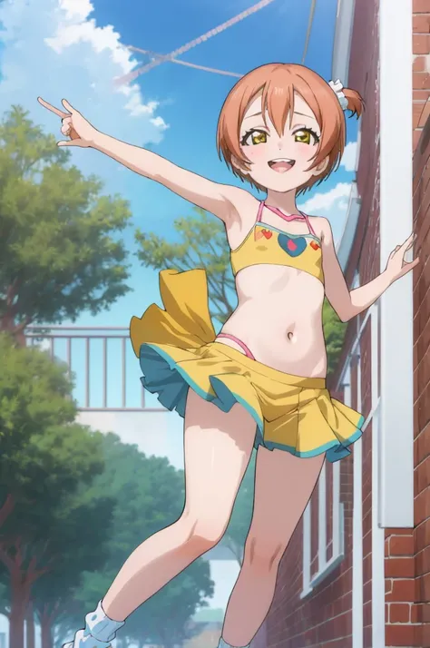 ,girl,happy,smile,,rin hoshizora ,open mouth,,looking viewer,,spoken heart,6yo,(petite),flat chest,grin,outdoor,socks,,,navel,thigh