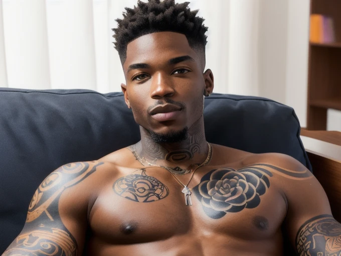 black man with tattoos on his chest and chest sitting on a couch, with tattoos, inked, inspired by hedi xandt, tattooed man, tat...