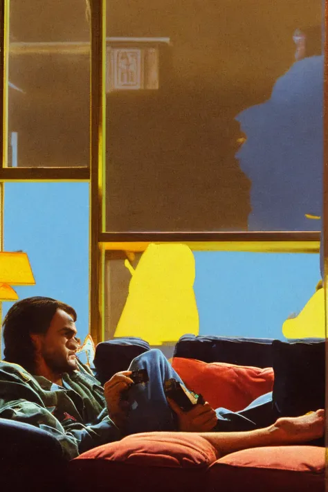 a man sitting on a couch, playing a Nintendo video game, 1980s, nostalgic, living room interior, retro aesthetic, warm lighting, film grain, detailed facial features, expressive hands, relaxed pose, 80s atmosphere, vintage video game console, classic Ninte...