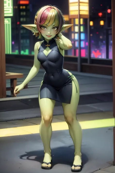 1 girl, short hair, green goblin girl, green skin, small pointy ears, ((rainbow hair)), cheongsam, cutout, smiling, sandals, ful...