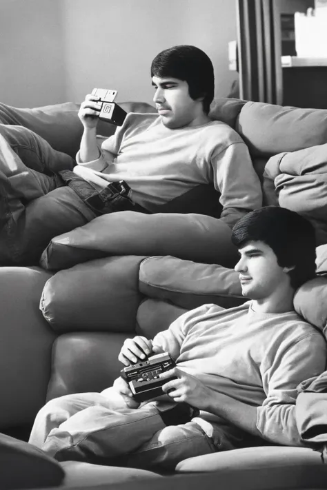 a man sitting on a couch, playing a nintendo video game, 1980s, nostalgic, living room interior, retro aesthetic, warm lighting,...