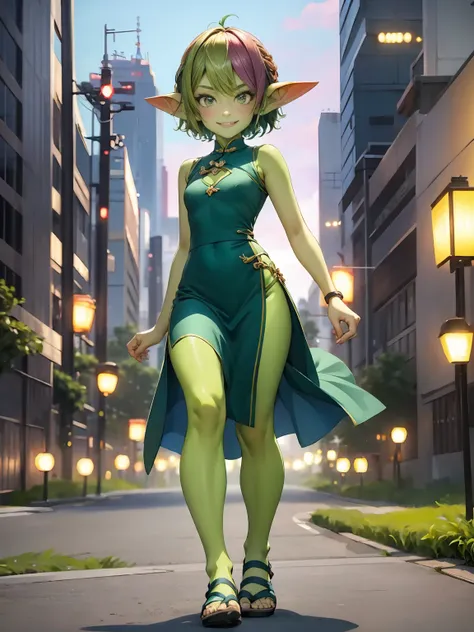 1 girl, short hair, green goblin girl, green skin, small pointy ears, (rainbow hair), cheongsam, cutout, smiling, sandals, full body, walking in tokyo, dynamic pose, outdoors, in toyko, city, dusk, dynamic lighting, tokyo background