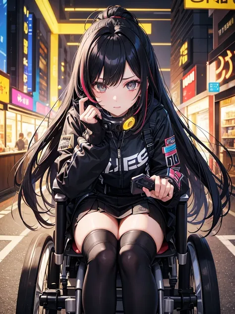 woman、Early 20s、cyber punk、Black Hair、Long Hair、Multicolored Hair、wheelchair、Golden Eyes、Face close-up、mini skirt、Black Stockings、clear