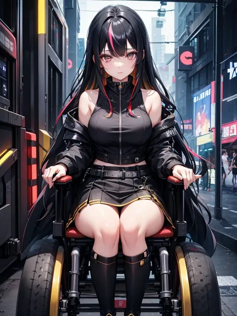 woman、Early 20s、cyber punk、Black Hair、Long Hair、Multicolored Hair、wheelchair、Golden Eyes、Face close-up、mini skirt、Black Stockings、clear