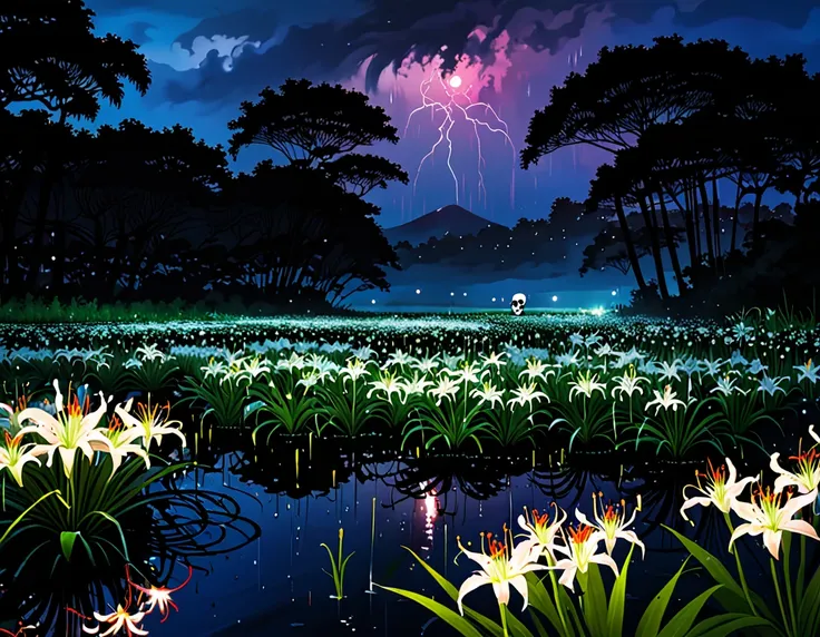 midnight、getting wet in the rain、a field of blooming spider lilies、skull