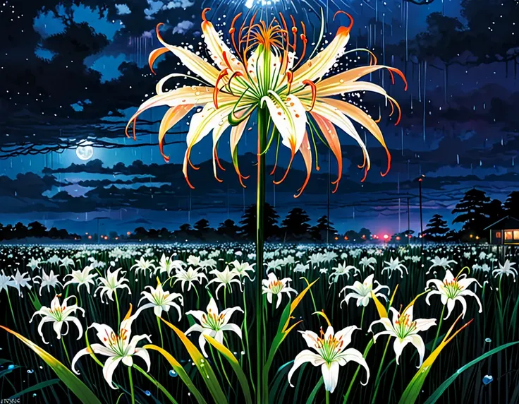 midnight、getting wet in the rain、a field of blooming spider lilies、skull